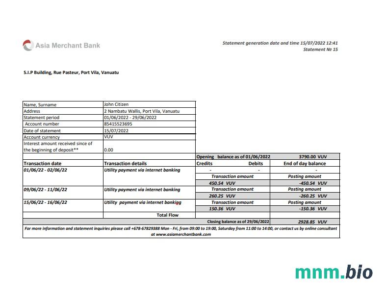 Wyciąg bankowy Vanuatu Alpen Baruch, szablon Excel i PDF
